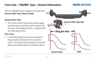 Front Axle – 709/909 Type – General Information
The FA -709/909 Type is Dead Front Axle with
Reverse Elliot Type I Beam Design
Reverse Elliot Type:
 The reverse Elliot front axles have hinged
spindle yoke on spindle itself instead of on
the axle. The forked portion is integral with
the steering knuckle.
Elliot Type :
 In the Elliot type front axles the yoke for
king spindle is located on the ends of I-
beam. The axle ends are forked to hold the
steering knuckle extension between them
7/27/2022 TML 8
Reverse Elliot Elliot
Reverse Elliot Type Axle
 