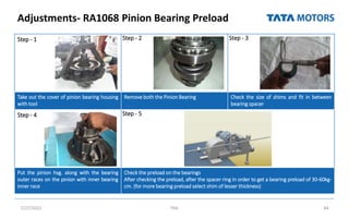 Adjustments- RA1068 Pinion Bearing Preload
7/27/2022 TML 84
Step - 1 Step - 2 Step - 3
Take out the cover of pinion bearing housing
with tool
Remove both the Pinion Bearing Check the size of shims and fit in between
bearing spacer
Step - 4 Step - 5
Put the pinion hsg. along with the bearing
outer races on the pinion with inner bearing
inner race
Check the preload on the bearings
After checking the preload, after the spacer ring in order to get a bearing preload of 30-60kg-
cm. (for more bearing preload select shim of lesser thickness)
 