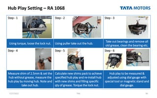 Hub Play Setting – RA 1068
7/27/2022 TML 90
Step - 1 Step - 2 Step - 3
Using torque, loose the lock nut. Using puller take out the hub.
Take out bearings and remove all
old grease, clean the bearing etc.
Step - 4 Step - 5 Step - 6
Measure shim of 2.5mm & set the
hub without grease, measure the
hub play by moving hub. Note and
take out hub.
Calculate new shims pack to achieve
specified hub play and re-install hub
with new shims and filling specific
qty of grease. Torque the lock nut.
Hub play to be measured &
adjusted using dial gauge with
special tool or magnetic stand and
dial gauge.
 