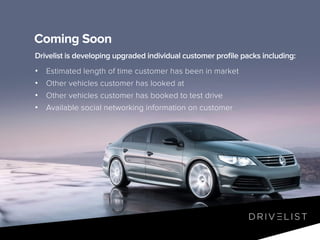 Coming Soon
Drivelist is developing upgraded individual customer profile packs including:

•	
•	
•	
•	

Estimated length of time customer has been in market
Other vehicles customer has looked at
Other vehicles customer has booked to test drive
Available social networking information on customer

 