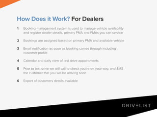 How Does it Work? For Dealers
1

Booking management system is used to manage vehicle availability
and register dealer details, primary PMA and PMAs you can service

2

Bookings are assigned based on primary PMA and available vehicle

3

Email notification as soon as booking comes through including
customer profile

4

Calendar and daily view of test drive appointments

5

Prior to test drive we will call to check you’re on your way, and SMS
the customer that you will be arriving soon

6

Export of customers details available

 