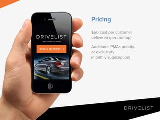 Pricing
$60 cost per customer
delivered (per rooftop)
Additional PMAs priority
or exclusivity
(monthly subscription)

 