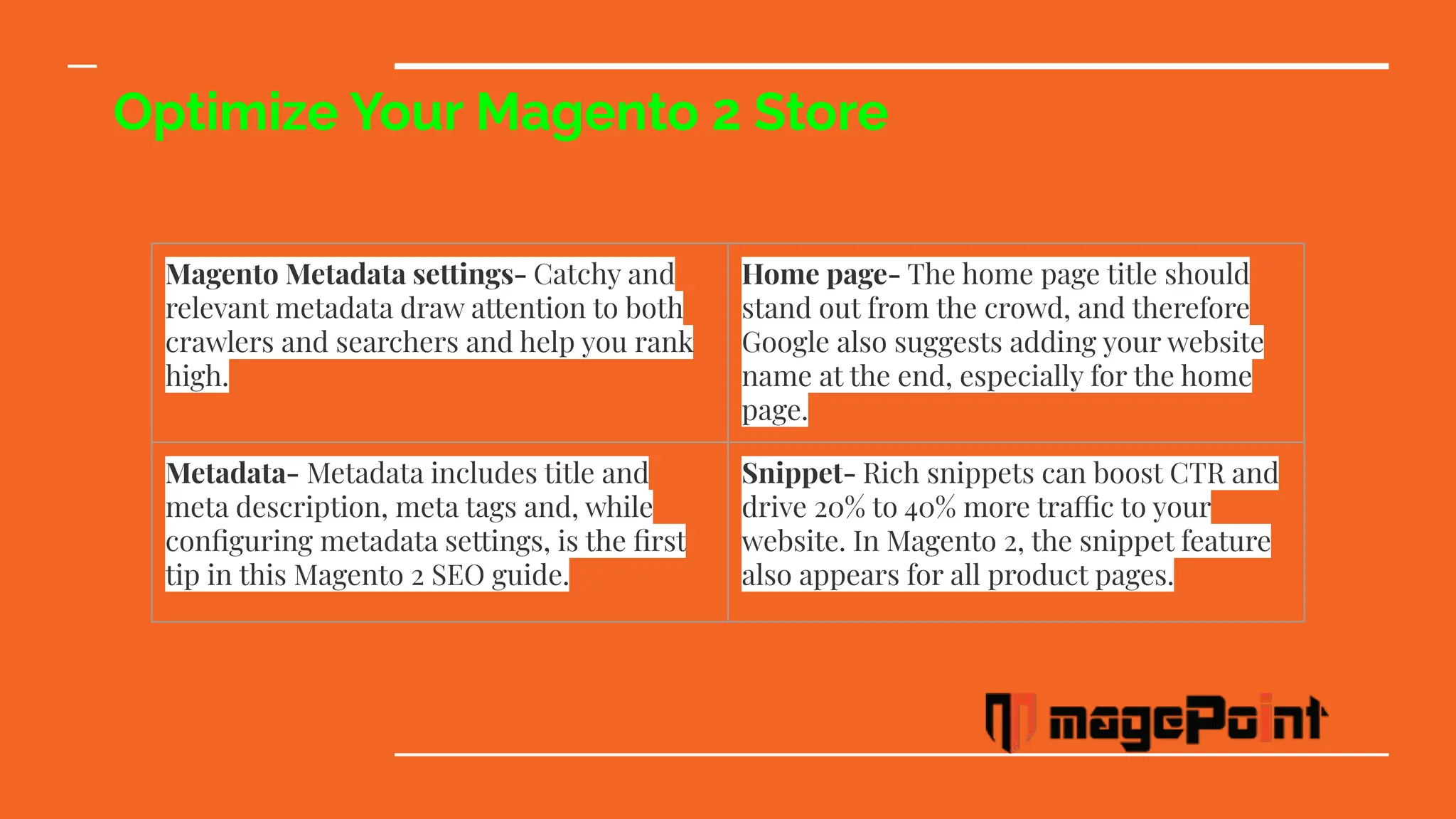 Optimize Your Magento 2 Store
Magento Metadata settings- Catchy and
relevant metadata draw attention to both
crawlers and searchers and help you rank
high.
Home page- The home page title should
stand out from the crowd, and therefore
Google also suggests adding your website
name at the end, especially for the home
page.
Metadata- Metadata includes title and
meta description, meta tags and, while
conﬁguring metadata settings, is the ﬁrst
tip in this Magento 2 SEO guide.
Snippet- Rich snippets can boost CTR and
drive 20% to 40% more traffic to your
website. In Magento 2, the snippet feature
also appears for all product pages.
 