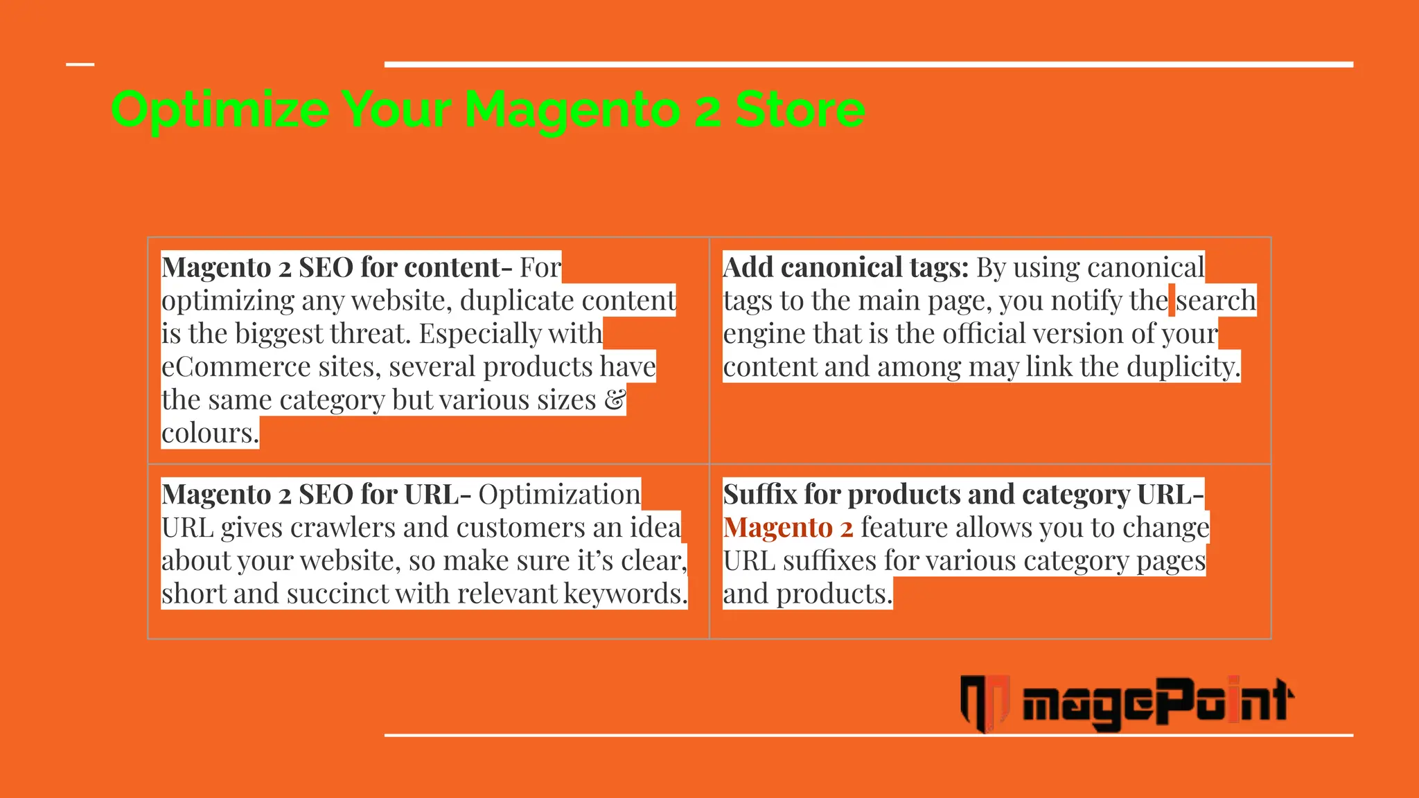 Optimize Your Magento 2 Store
Magento 2 SEO for content- For
optimizing any website, duplicate content
is the biggest threat. Especially with
eCommerce sites, several products have
the same category but various sizes &
colours.
Add canonical tags: By using canonical
tags to the main page, you notify the search
engine that is the official version of your
content and among may link the duplicity.
Magento 2 SEO for URL- Optimization
URL gives crawlers and customers an idea
about your website, so make sure it’s clear,
short and succinct with relevant keywords.
Suffix for products and category URL-
Magento 2 feature allows you to change
URL suffixes for various category pages
and products.
 