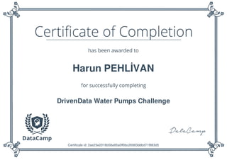 Harun PEHLİVAN
DrivenData Water Pumps Challenge
Certificate id: 2ae23e2016b58a95a0ff0bc26983ddbd71f883d5
 