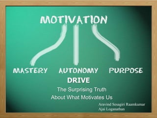 DRIVE
  The Surprising Truth
About What Motivates Us
                 Aravind Sesagiri Raamkumar
                 Ajai Loganathan
 
