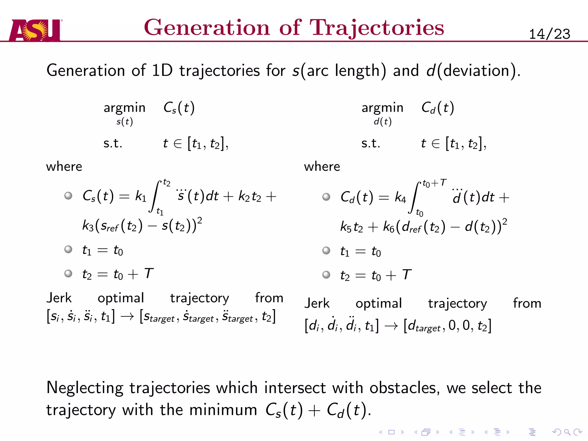 Generation of Trajectories
Generation of 1D trajectories for s(arc length) and d(deviation).
argmin
s(t)
Cs (t)
s.t. t ∈ [t1, t2],
where
Cs (t) = k1
t2
t1
...
s (t)dt + k2t2 +
k3(sref (t2) − s(t2))2
t1 = t0
t2 = t0 + T
Jerk optimal trajectory from
[si , ˙si , ¨si , t1] → [starget , ˙starget , ¨starget , t2]
argmin
d(t)
Cd (t)
s.t. t ∈ [t1, t2],
where
Cd (t) = k4
t0+T
t0
...
d (t)dt +
k5t2 + k6(dref (t2) − d(t2))2
t1 = t0
t2 = t0 + T
Jerk optimal trajectory from
[di , ˙di , ¨di , t1] → [dtarget , 0, 0, t2]
Neglecting trajectories which intersect with obstacles, we select the
trajectory with the minimum Cs(t) + Cd (t).
14/23
 