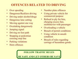 OFFENCES RELATED TO DRIVING   Over speeding Dangerous/Reckless driving Driving under alcohol/drugs Dangerous lane cutting Moving against one way Overtaking dangerously Jumping signal  Driving on foot path Stopping at pedestrian crossing stop line Parking violations Horn offences  Number plate offences Using private vehicle for commercial purpose Refusal to ply for hire, charging excess fare, misbehavior with passenger  Overloading a vehicle Breach of permit conditions  Using vehicle in unsafe condition Breach of rules regarding carriage of hazardous goods . FOLLOW TRAFFIC RULES  BE SAFE AND LET OTHERS BE SAVE 