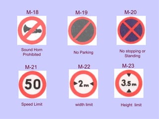 No stopping or Standing M-21 width limit M-20 No Parking M-19 Sound Horn Prohibited M-23 Speed Limit M-18 Height  limit M-22 