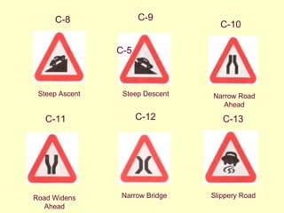 C-9 Narrow Bridge C-8 Road Widens Ahead C-5 Steep Descent  C-11 Steep Ascent C-10 Narrow Road Ahead C-12 C-13 Slippery Road  