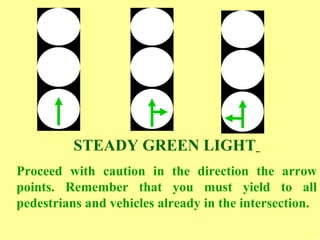 STEADY GREEN LIGHT   Proceed with caution in the direction the arrow points. Remember that you must yield to all pedestrians and vehicles already in the intersection.   