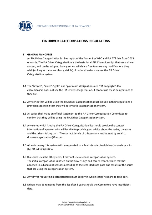 FIA Driver categorisation regulations PDF
