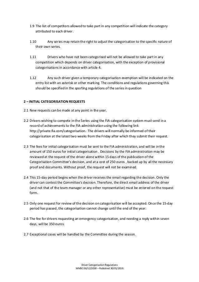 FIA Driver categorisation regulations