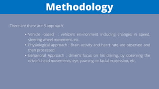 Methodology
There are there are 3 approach
• Vehicle -based : vehicle’s environment including changes in speed,
steering wheel movement, etc.
• Physiological approach : Brain activity and heart rate are observed and
then processed
• Behavioral Approach : driver's focus on his driving, by observing the
driver’s head movements, eye, yawning, or facial expression, etc.
 