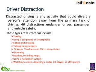 Driver  Distrac+on
Distracted	
   driving	
   is	
   any	
   ac)vity	
   that	
   could	
   divert	
   a	
  
person's	
   ...