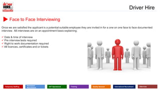 www.driverhire.com.au
www.dhappointments.com.au
Driver Hire
Temporary Staffing
Permanent
Recruitment
24/7 Operational Training Quality Assured International Recruitment eServices
Face to Face Interviewing
Once we are satisfied the applicant is a potential suitable employee they are invited in for a one on one face to face documented
interview. All interviews are on an appointment basis explaining;
 Date & time of interview
 Pre interview tests required
 Right to work documentation required
 All licences, certificates and or tickets
 