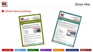 www.driverhire.com.au
www.dhappointments.com.au
Driver Hire
Temporary Staffing
Permanent
Recruitment
24/7 Operational Training Quality Assured International Recruitment eServices
Driver Hire e-Learning
 