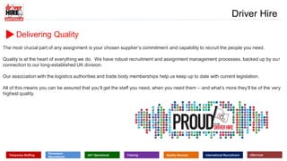Delivering Quality
The most crucial part of any assignment is your chosen supplier’s commitment and capability to recruit the people you need.
Quality is at the heart of everything we do. We have robust recruitment and assignment management processes, backed up by our
connection to our long-established UK division.
Our association with the logistics authorities and trade body memberships help us keep up to date with current legislation.
All of this means you can be assured that you’ll get the staff you need, when you need them – and what’s more they’ll be of the very
highest quality.
www.driverhire.com.au
www.dhappointments.com.au
Driver Hire
Temporary Staffing
Permanent
Recruitment
24/7 Operational Training Quality Assured International Recruitment eServices
 