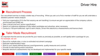 Recruitment Process
Our recruitment service is simply a better way of recruiting. When you ask us to find a member of staff for you we will undertake a
detailed customer needs analysis
 Visit your organisation (if it’s the first vacancy we are handling), to ensure we gain an appreciation of the company culture,
environment and OH&S etc.
 Take a full job brief and ‘person specification’
 Search our extensive database of fully vetted candidates and advertise, when necessary
 Conduct a 150-point skills test, right to work checks, Driver Hire electronic e-Assessments and licence check
Tailor Made Recruitment
It’s important that the service we provide fits your needs as precisely as possible, so we’ll gladly tailor a package for you.
For example, we can:
 Recruit for multiple sites, in one co-ordinated recruitment campaign
 Dedicate implementation team
 Work to your clearly defined Service Level Agreements, quality measures and controls
 Provide on-site training and/or inductions
 Bespoke electronic assessments may be developed and implemented for your specific needs
www.driverhire.com.au
www.dhappointments.com.au
Driver Hire
Temporary Staffing
Permanent
Recruitment
24/7 Operational Training Quality Assured International Recruitment eServices
 