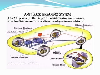 ANTI-LOCK BREAKING SYSTEM
An ABS generally offers improved vehicle control and decreases
stopping distances on dry and slippery surfaces for many drivers.
 