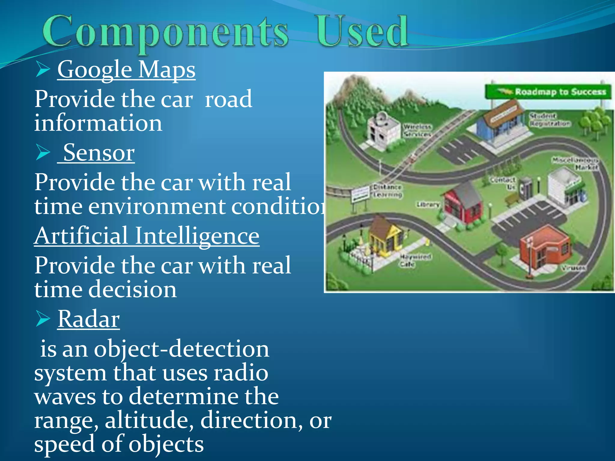 Google Maps
Provide the car road
information
 Sensor
Provide the car with real
time environment condition
Artificial Intelligence
Provide the car with real
time decision
 Radar
is an object-detection
system that uses radio
waves to determine the
range, altitude, direction, or
speed of objects
 