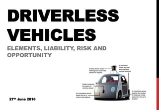 DRIVERLESS
VEHICLES
ELEMENTS, LIABILITY, RISK AND
OPPORTUNITY
27th June 2016
 