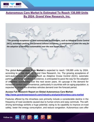 Follow Us:
Autonomous Cars Market Is Estimated To Reach 138,089 Units
By 2024: Grand View Research, Inc.
The global Autonomous Cars Market is expected to reach 138,089 units by 2024,
according to a new study by Grand View Research, Inc. The growing acceptance of
semi-autonomous technologies, such as Adaptive Cruise Control (ACC), automatic
parking, and forward collision avoidance, is anticipated to pave the way for the adoption
of driverless automobiles over the next seven years. An upsurge in the demand for
increased comfort and convenience, particularly in countries with an aging population, is
expected to propel the driverless vehicles demand over the forecast period.
Access Full Research Report on Global Autonomous Cars Market:
http://www.grandviewresearch.com/industry-analysis/driverless-cars-market
Features offered by the driverless cars primarily include a considerable decline in the
frequency of road accidents caused due to human errors and easy commute. The self-
driving technology exhibits a huge potential, owing to its capability to improve on-road
safety, lower the energy consumption, and reduce congestion. Autonomous cars offer
“The growing acceptance of semi-autonomous technologies, such as Adaptive Cruise Control
(ACC), automatic parking, and forward collision avoidance, is anticipated to pave the way for
the adoption of driverless automobiles over the next seven years.”
 