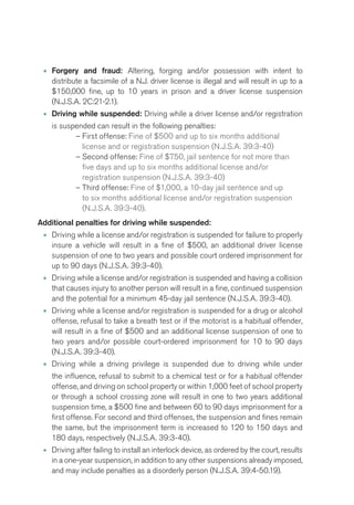 • Forgery and fraud: Altering, forging and/or possession with intent to 
distribute a facsimile of a N.J. driver license is illegal and will result in up to a 
$150,000 fine, up to 10 years in prison and a driver license suspension 
(N.J.S.A. 2C:21-2.1). 
• Driving while suspended: Driving while a driver license and/or registration 
is suspended can result in the following penalties: 
– First offense: Fine of $500 and up to six months additional 
license and or registration suspension (N.J.S.A. 39:3-40) 
– Second offense: Fine of $750, jail sentence for not more than 
five days and up to six months additional license and/or 
registration suspension (N.J.S.A. 39:3-40) 
– Third offense: Fine of $1,000, a 10-day jail sentence and up 
to six months additional license and/or registration suspension 
(N.J.S.A. 39:3-40). 
Additional penalties for driving while suspended: 
• Driving while a license and/or registration is suspended for failure to properly 
insure a vehicle will result in a fine of $500, an additional driver license 
suspension of one to two years and possible court ordered imprisonment for 
up to 90 days (N.J.S.A. 39:3-40). 
• Driving while a license and/or registration is suspended and having a collision 
that causes injury to another person will result in a fine, continued suspension 
and the potential for a minimum 45-day jail sentence (N.J.S.A. 39:3-40). 
• Driving while a license and/or registration is suspended for a drug or alcohol 
offense, refusal to take a breath test or if the motorist is a habitual offender, 
will result in a fine of $500 and an additional license suspension of one to 
two years and/or possible court-ordered imprisonment for 10 to 90 days 
(N.J.S.A. 39:3-40). 
• Driving while a driving privilege is suspended due to driving while under 
the influence, refusal to submit to a chemical test or for a habitual offender 
offense, and driving on school property or within 1,000 feet of school property 
or through a school crossing zone will result in one to two years additional 
suspension time, a $500 fine and between 60 to 90 days imprisonment for a 
first offense. For second and third offenses, the suspension and fines remain 
the same, but the imprisonment term is increased to 120 to 150 days and 
180 days, respectively (N.J.S.A. 39:3-40). 
• Driving after failing to install an interlock device, as ordered by the court, results 
in a one-year suspension, in addition to any other suspensions already imposed, 
and may include penalties as a disorderly person (N.J.S.A. 39:4-50.19). 
 