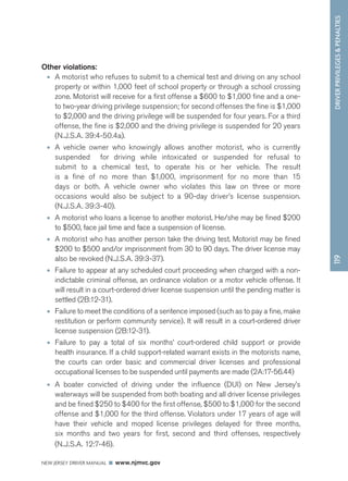 DRIVER PRIVILEGES  PENALTIES 
NEW JERSEY DRIVER MANUAL www.njmvc.gov 
119 
Other violations: 
• A motorist who refuses to submit to a chemical test and driving on any school 
property or within 1,000 feet of school property or through a school crossing 
zone. Motorist will receive for a first offense a $600 to $1,000 fine and a one-to 
two-year driving privilege suspension; for second offenses the fine is $1,000 
to $2,000 and the driving privilege will be suspended for four years. For a third 
offense, the fine is $2,000 and the driving privilege is suspended for 20 years 
(N.J.S.A. 39:4-50.4a). 
• A vehicle owner who knowingly allows another motorist, who is currently 
suspended for driving while intoxicated or suspended for refusal to 
submit to a chemical test, to operate his or her vehicle. The result 
is a fine of no more than $1,000, imprisonment for no more than 15 
days or both. A vehicle owner who violates this law on three or more 
occasions would also be subject to a 90-day driver’s license suspension. 
(N.J.S.A. 39:3-40). 
• A motorist who loans a license to another motorist. He/she may be fined $200 
to $500, face jail time and face a suspension of license. 
• A motorist who has another person take the driving test. Motorist may be fined 
$200 to $500 and/or imprisonment from 30 to 90 days. The driver license may 
also be revoked (N.J.S.A. 39:3-37). 
• Failure to appear at any scheduled court proceeding when charged with a non-indictable 
criminal offense, an ordinance violation or a motor vehicle offense. It 
will result in a court-ordered driver license suspension until the pending matter is 
settled (2B:12-31). 
• Failure to meet the conditions of a sentence imposed (such as to pay a fine, make 
restitution or perform community service). It will result in a court-ordered driver 
license suspension (2B:12-31). 
• Failure to pay a total of six months’ court-ordered child support or provide 
health insurance. If a child support-related warrant exists in the motorists name, 
the courts can order basic and commercial driver licenses and professional 
occupational licenses to be suspended until payments are made (2A:17-56.44) 
• A boater convicted of driving under the influence (DUI) on New Jersey’s 
waterways will be suspended from both boating and all driver license privileges 
and be fined $250 to $400 for the first offense, $500 to $1,000 for the second 
offense and $1,000 for the third offense. Violators under 17 years of age will 
have their vehicle and moped license privileges delayed for three months, 
six months and two years for first, second and third offenses, respectively 
(N.J.S.A. 12:7-46). 
 