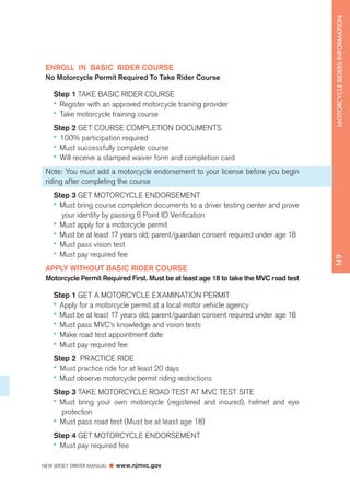 NEW JERSEY DRIVER MANUAL www.njmvc.gov 
149 MOTORCYCLE RIDERS INFORMATION 
ENROLL IN BASIC RIDER COURSE 
No Motorcycle Permit Required To Take Rider Course 
Step 1 TAKE BASIC RIDER COURSE 
•• Register with an approved motorcycle training provider 
•• Take motorcycle training course 
Step 2 GET COURSE COMPLETION DOCUMENTS 
•• 100% participation required 
•• Must successfully complete course 
•• Will receive a stamped waiver form and completion card 
Note: You must add a motorcycle endorsement to your license before you begin 
riding after completing the course 
Step 3 GET MOTORCYCLE ENDORSEMENT 
•• Must bring course completion documents to a driver testing center and prove 
your identity by passing 6 Point ID Verification 
•• Must apply for a motorcycle permit 
•• Must be at least 17 years old; parent/guardian consent required under age 18 
•• Must pass vision test 
•• Must pay required fee 
APPLY WITHOUT BASIC RIDER COURSE 
Motorcycle Permit Required First. Must be at least age 18 to take the MVC road test 
Step 1 GET A MOTORCYCLE EXAMINATION PERMIT 
•• Apply for a motorcycle permit at a local motor vehicle agency 
•• Must be at least 17 years old; parent/guardian consent required under age 18 
•• Must pass MVC’s knowledge and vision tests 
•• Make road test appointment date 
•• Must pay required fee 
Step 2 PRACTICE RIDE 
•• Must practice ride for at least 20 days 
•• Must observe motorcycle permit riding restrictions 
Step 3 TAKE MOTORCYCLE ROAD TEST AT MVC TEST SITE 
•• Must bring your own motorcycle (registered and insured), helmet and eye 
protection 
•• Must pass road test (Must be at least age 18) 
Step 4 GET MOTORCYCLE ENDORSEMENT 
•• Must pay required fee 
 