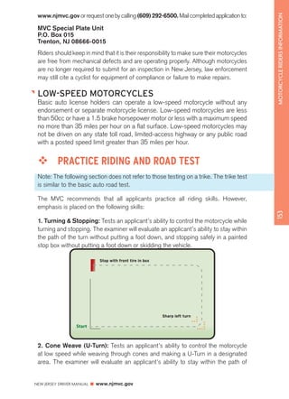 www.njmvc.gov or request one by calling (609) 292-6500. Mail completed application to: 
MVC Special Plate Unit 
P.O. Box 015 
Trenton, NJ 08666-0015 
Riders should keep in mind that it is their responsibility to make sure their motorcycles 
are free from mechanical defects and are operating properly. Although motorcycles 
are no longer required to submit for an inspection in New Jersey, law enforcement 
may still cite a cyclist for equipment of compliance or failure to make repairs. 
LOW-SPEED MOTORCYCLES 
Basic auto license holders can operate a low-speed motorcycle without any 
endorsement or separate motorcycle license. Low-speed motorcycles are less 
than 50cc or have a 1.5 brake horsepower motor or less with a maximum speed 
no more than 35 miles per hour on a flat surface. Low-speed motorcycles may 
not be driven on any state toll road, limited-access highway or any public road 
with a posted speed limit greater than 35 miles per hour. 
™™ PRACTICE RIDING AND ROAD TEST 
Note: The following section does not refer to those testing on a trike. The trike test 
is similar to the basic auto road test. 
The MVC recommends that all applicants practice all riding skills. However, 
emphasis is placed on the following skills: 
1. Turning  Stopping: Tests an applicant’s ability to control the motorcycle while 
turning and stopping. The examiner will evaluate an applicant’s ability to stay within 
the path of the turn without putting a foot down, and stopping safely in a painted 
stop box without putting a foot down or skidding the vehicle. 
NEW JERSEY DRIVER MANUAL www.njmvc.gov 
153 MOTORCYCLE RIDERS INFORMATION 
Stop with front tire in box 
Start 
Sharp left turn 
2. Cone Weave (U-Turn): Tests an applicant’s ability to control the motorcycle 
at low speed while weaving through cones and making a U-Turn in a designated 
area. The examiner will evaluate an applicant’s ability to stay within the path of 
 