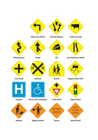 Sharp Turn Ahead 
Divided Highway Cattle Crossing 
Winding Road Merge Hill Lane Reduction Ahead 
Cross Road Railroad School Slippery When Wet 
Hospital Person with a Disability Yield Ahead Signal Ahead 
Workers Flagman Ahead Detour Road Closed 
 