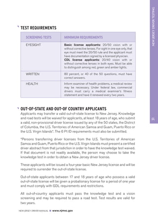 NEW JERSEY DRIVER TESTING 
SCREENING TESTS MINIMUM REQUIREMENTS 
EYESIGHT Basic license applicants: 20/50 vision with or 
without corrective lenses. For sight in one eye only, that 
eye must meet the 20/50 rule and the applicant must 
have documentation signed by a licensed physician. 
CDL license applicants: 20/40 vision with or 
without corrective lenses in both eyes. Must be able 
to distinguish among red, green and amber lights. 
WRITTEN 80 percent, or 40 of the 50 questions, must have 
correct answers. 
HEALTH Inform examiner of health problems, a medical review 
may be necessary. Under federal law, commercial 
drivers must carry a medical examiner’s fitness 
statement and have it renewed every two years. 
NEW JERSEY DRIVER MANUAL www.njmvc.gov 
31 
TEST REQUIREMENTS 
OUT-OF-STATE AND OUT-OF COUNTRY APPLICANTS 
Applicants may transfer a valid out-of-state license to New Jersey. Knowledge 
and road tests will be waived for applicants, at least 18 years of age, who submit 
a valid, non-provisional driver license issued by any of the 50 states, the District 
of Columbia, the U.S. Territories of American Samoa and Guam, Puerto Rico or 
the U.S. Virgin Islands*. The 6 Pt ID requirements must also be submitted. 
*Persons transferring driver licenses from the U.S. Territories of American 
Samoa and Guam, Puerto Rico or the U.S. Virgin Islands must present a certified 
driver abstract from that jurisdiction in order to have the knowledge test waived. 
If that document is not readily available, the person may choose to take the 
knowledge test in order to obtain a New Jersey driver license. 
These applicants will be issued a four-year basic New Jersey license and will be 
required to surrender the out-of-state license. 
Out-of-state applicants between 17 and 18 years of age who possess a valid 
out-of-state license will be given a probationary license for a period of one year 
and must comply with GDL requirements and restrictions. 
All out-of-country applicants must pass the knowledge test and a vision 
screening and may be required to pass a road test. Test results are valid for 
two years. 
 