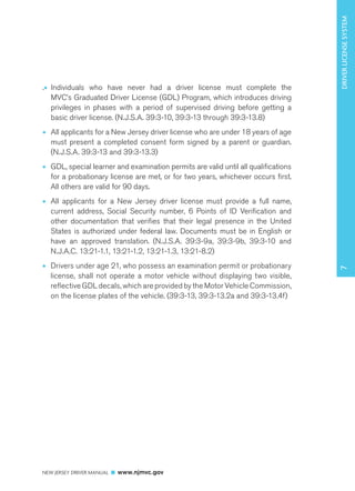 NEW JERSEY DRIVER MANUAL www.njmvc.gov 
37 DRIVER LICENSE SYSTEM 
.• Individuals who have never had a driver license must complete the 
MVC’s Graduated Driver License (GDL) Program, which introduces driving 
privileges in phases with a period of supervised driving before getting a 
basic driver license. (N.J.S.A. 39:3-10, 39:3-13 through 39:3-13.8) 
• All applicants for a New Jersey driver license who are under 18 years of age 
must present a completed consent form signed by a parent or guardian. 
(N.J.S.A. 39:3-13 and 39:3-13.3) 
• GDL, special learner and examination permits are valid until all qualifications 
for a probationary license are met, or for two years, whichever occurs first. 
All others are valid for 90 days. 
• All applicants for a New Jersey driver license must provide a full name, 
current address, Social Security number, 6 Points of ID Verification and 
other documentation that verifies that their legal presence in the United 
States is authorized under federal law. Documents must be in English or 
have an approved translation. (N.J.S.A. 39:3-9a, 39:3-9b, 39:3-10 and 
N.J.A.C. 13:21-1.1, 13:21-1.2, 13:21-1.3, 13:21-8.2) 
• Drivers under age 21, who possess an examination permit or probationary 
license, shall not operate a motor vehicle without displaying two visible, 
reflective GDL decals, which are provided by the Motor Vehicle Commission, 
on the license plates of the vehicle. (39:3-13, 39:3-13.2a and 39:3-13.4f) 
 