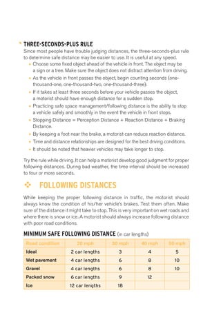THREE-SECONDS-PLUS RULE 
Since most people have trouble judging distances, the three-seconds-plus rule 
to determine safe distance may be easier to use. It is useful at any speed. 
• Choose some fixed object ahead of the vehicle in front. The object may be 
a sign or a tree. Make sure the object does not distract attention from driving. 
• As the vehicle in front passes the object, begin counting seconds (one-thousand- 
one, one-thousand-two, one-thousand-three). 
• If it takes at least three seconds before your vehicle passes the object, 
a motorist should have enough distance for a sudden stop. 
• Practicing safe space management/following distance is the ability to stop 
a vehicle safely and smoothly in the event the vehicle in front stops. 
• Stopping Distance = Perception Distance + Reaction Distance + Braking 
Distance. 
• By keeping a foot near the brake, a motorist can reduce reaction distance. 
• Time and distance relationships are designed for the best driving conditions. 
• It should be noted that heavier vehicles may take longer to stop. 
Try the rule while driving. It can help a motorist develop good judgment for proper 
following distances. During bad weather, the time interval should be increased 
to four or more seconds. 
™™ FOLLOWING DISTANCES 
While keeping the proper following distance in traffic, the motorist should 
always know the condition of his/her vehicle’s brakes. Test them often. Make 
sure of the distance it might take to stop. This is very important on wet roads and 
where there is snow or ice. A motorist should always increase following distance 
with poor road conditions. 
MINIMUM SAFE FOLLOWING DISTANCE (in car lengths) 
Road condition 20 mph 30 mph 40 mph 50 mph 
Ideal 2 car lengths 3 4 5 
Wet pavement 4 car lengths 6 8 10 
Gravel 4 car lengths 6 8 10 
Packed snow 6 car lengths 9 12 
Ice 12 car lengths 18 
 