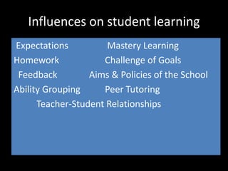 Influences on student learning
Expectations          Mastery Learning
Homework             Challenge of Goals
 Feedback         Aims & Policies of the School
Ability Grouping     Peer Tutoring
      Teacher-Student Relationships
 