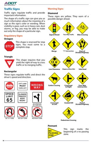 34
Motor Vehicle Division
Traffic Signs
Traffic signs regulate traffic and provide
important information.
The shape of a t...