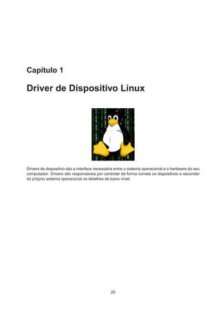 Capítulo 1
Driver de Dispositivo Linux
Drivers de dispositivo são a interface necessária entre o sistema operacional e o hardware do seu
computador. Drivers são responsáveis por controlar de forma correta os dispositivos e esconder
do próprio sistema operacional os detalhes de baixo nível.
20
 