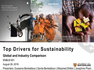 Global and Industry Comparison
ENBUS 601
August 26, 2016
Presenters: Oussama Benkabbour | Savita Benkabbour | Manpreet Dhillon | Josephine Pham
Top Drivers for Sustainability
 