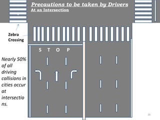 S T O P 
C 
Zebra 
Crossing 
Precautions to be taken by Drivers 
At an Intersection 
Nearly 50% 
of all 
driving 
collisions in 
cities occur 
at 
intersectio 
ns. 
20 
 