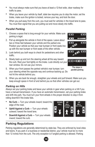 100
• You must always make sure that you leave at least a 12-foot wide, clear roadway for
traffic to pass.
• When you leave your vehicle by itself, state law requires you to stop the motor, set the
brake, make sure the ignition is locked, remove your key, and lock the door.
• When you pull away from the curb, you must wait for vehicles in the travel lane to pass.
You must then signal that you are pulling out and move slowly into traffic.
Parallel Parking
1. Choose a space that is long enough for your vehicle. Make sure
parking is legal.
2. Pull up alongside the vehicle in front of the space. Leave about
two or three feet between your vehicle and the parked one.
Position your vehicle so that your rear bumper or front seats line
up with the rear bumper or front seats of the other vehicle.
3. Look behind you both ways to check for pedestrians and other
traffic.
4. Slowly back up and turn the steering wheel all the way toward
the curb. Rest your foot lightly on the brake. Look directly out your
rear window. Do not use your mirrors.
5. When your front passes the parked vehicle’s rear bumper, turn
your steering wheel the opposite way and continue backing up. Do
not hit the vehicle behind you.
6. When you are back far enough, straighten your wheels and pull forward. Make sure you
keep enough space in front of and behind you so that other vehicles can get out.
Parking on Hills
Always set your parking brake and leave your vehicle in gear when parking on a hill if you
have a manual transmission. If you have an automatic transmission, set your parking brake
and shift into park. You must turn your front wheels in the proper direction to stop it from
rolling downhill if the brake fails.
• No Curb — Turn your wheels inward, toward the
edge of the road.
• Uphill Against a Curb — Turn your wheels
outward, toward the travel lane.
• Downhill Against a Curb — Turn your wheels
inward, toward the curb.
Parking Regulations
Parking regulations are generally determined by state law. They are enforced by local cities
and towns. If you park in a business or residential district, your vehicle must be no more
than 12 inches from the curb. The only exception is if angled parking is allowed. Parking
The steps in
parallel parking
 