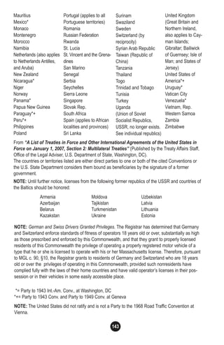 143
NOTE: German and Swiss Drivers Granted Privileges. The Registrar has determined that Germany
and Switzerland enforce standards of fitness of operators 18 years old or over, substantially as high
as those prescribed and enforced by this Commonwealth, and that they grant to properly licensed
residents of this Commonwealth the privilege of operating a properly registered motor vehicle of a
type that he or she is licensed to operate with his or her Massachusetts license. Therefore, pursuant
to MGL c. 90, §10, the Registrar grants to residents of Germany and Switzerland who are 18 years
old or over the privileges of operating in this Commonwealth, provided such nonresidents have
complied fully with the laws of their home countries and have valid operator’s licenses in their pos-
session or in their vehicles in some easily accessible place.
*= Party to 1943 Int.-Am. Conv., at Washington, DC
*+= Party to 1943 Conv. and Party to 1949 Conv. at Geneva
NOTE: The United States did not ratify and is not a Party to the 1968 Road Traffic Convention at
Vienna.
Surinam
Swaziland
Sweden
Switzerland (by
reciprocity)
Syrian Arab Republic
Taiwan (Republic of
China)
Tanzania
Thailand
Togo
Trinidad and Tobago
Tunisia
Turkey
Uganda
(Union of Soviet
Socialist Republics,
USSR, no longer exists.
See individual republics)
Mauritius
Mexico*
Monaco
Montenegro
Morocco
Namibia
Netherlands (also applies
to Netherlands Antilles,
and Aruba)
New Zealand
Nicaragua*
Niger
Norway
Panama*
Papua New Guinea
Paraguay*+
Peru*+
Philippines
Poland
Portugal (applies to all
Portuguese territories)
Romania
Russian Federation
Rwanda
St. Lucia
St. Vincent and the Grena-
dines
San Marino
Senegal
Serbia
Seychelles
Sierra Leone
Singapore
Slovak Rep.
South Africa
Spain (applies to African
localities and provinces)
Sri Lanka
From “A List of Treaties in Force and Other International Agreements of the United States in
Force on January 1, 2007, Section 2: Multilateral Treaties” (Published by the Treaty Affairs Staff,
Office of the Legal Adviser, U.S. Department of State, Washington, DC).
The countries or territories listed are either direct parties to one or both of the cited Conventions or
the U.S. State Department considers them bound as beneficiaries by the signature of a former
government.
NOTE: Until further notice, licenses from the following former republics of the USSR and countries of
the Baltics should be honored:
Armenia
Azerbaijan
Belarus
Kazakstan
Moldova
Tajikistan
Turkmenistan
Ukraine
Uzbekistan
Latvia
Lithuania
Estonia
United Kingdom
(Great Britain and
Northern Ireland,
also applies to Cay-
man Islands;
Gibraltar; Bailiwick
of Guernsey; Isle of
Man; and States of
Jersey)
United States of
America*+
Uruguay*
Vatican City
Venezuela*
Vietnam, Rep.
Western Samoa
Zambia
Zimbabwe
 