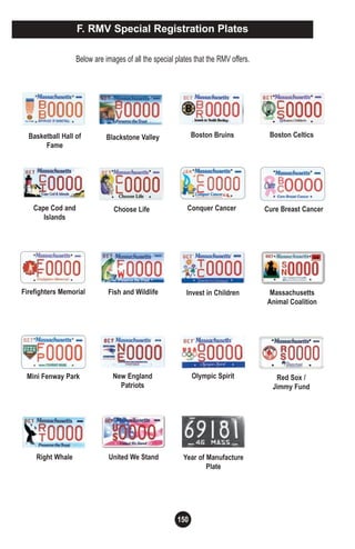 150
Year of Manufacture
Plate
F. RMV Special Registration Plates
Below are images of all the special plates that the RMV offers.
Blackstone Valley Boston Bruins
Cape Cod and
Islands
Cure Breast CancerConquer Cancer
Firefighters Memorial Fish and Wildlife Invest in Children Massachusetts
Animal Coalition
Mini Fenway Park New England
Patriots
Olympic Spirit Red Sox /
Jimmy Fund
Right Whale United We Stand
Basketball Hall of
Fame
Boston Celtics
Choose Life
 