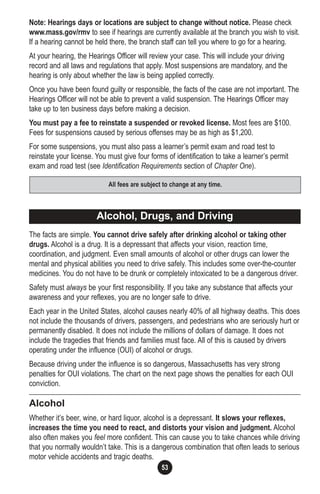 53
Note: Hearings days or locations are subject to change without notice. Please check
www.mass.gov/rmv to see if hearings are currently available at the branch you wish to visit.
If a hearing cannot be held there, the branch staff can tell you where to go for a hearing.
At your hearing, the Hearings Officer will review your case. This will include your driving
record and all laws and regulations that apply. Most suspensions are mandatory, and the
hearing is only about whether the law is being applied correctly.
Once you have been found guilty or responsible, the facts of the case are not important. The
Hearings Officer will not be able to prevent a valid suspension. The Hearings Officer may
take up to ten business days before making a decision.
You must pay a fee to reinstate a suspended or revoked license. Most fees are $100.
Fees for suspensions caused by serious offenses may be as high as $1,200.
For some suspensions, you must also pass a learner’s permit exam and road test to
reinstate your license. You must give four forms of identification to take a learner’s permit
exam and road test (see Identification Requirements section of Chapter One).
The facts are simple. You cannot drive safely after drinking alcohol or taking other
drugs. Alcohol is a drug. It is a depressant that affects your vision, reaction time,
coordination, and judgment. Even small amounts of alcohol or other drugs can lower the
mental and physical abilities you need to drive safely. This includes some over-the-counter
medicines. You do not have to be drunk or completely intoxicated to be a dangerous driver.
Safety must always be your first responsibility. If you take any substance that affects your
awareness and your reflexes, you are no longer safe to drive.
Each year in the United States, alcohol causes nearly 40% of all highway deaths. This does
not include the thousands of drivers, passengers, and pedestrians who are seriously hurt or
permanently disabled. It does not include the millions of dollars of damage. It does not
include the tragedies that friends and families must face. All of this is caused by drivers
operating under the influence (OUI) of alcohol or drugs.
Because driving under the influence is so dangerous, Massachusetts has very strong
penalties for OUI violations. The chart on the next page shows the penalties for each OUI
conviction.
Alcohol
Whether it’s beer, wine, or hard liquor, alcohol is a depressant. It slows your reflexes,
increases the time you need to react, and distorts your vision and judgment. Alcohol
also often makes you feel more confident. This can cause you to take chances while driving
that you normally wouldn’t take. This is a dangerous combination that often leads to serious
motor vehicle accidents and tragic deaths.
Alcohol, Drugs, and Driving
All fees are subject to change at any time.
 
