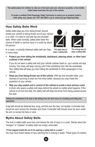 64
How Safety Belts Work
Safety belts keep you from being thrown around
inside your vehicle or being thrown out of your vehicle
in a crash. It is best to use both lap and shoulder
belts. When used correctly, safety belts lower the
chance of death or serious injury in a crash by about
50 percent.
In a crash, a correctly fastened safety belt can help
in many ways.
• Protect you from hitting the windshield, dashboard, steering wheel, or other hard
surfaces in the vehicle.
If you do not wear a safety belt and your vehicle crashes head on, your vehicle will stop
moving. Your body will keep moving until it hits something hard, like the windshield.
Your safety belt will keep you from hitting the windshield or other passengers in the
vehicle.
• Keep you from being thrown out of the vehicle. With lap and shoulder belts, your
chances of surviving a crash are five times better, because you stay inside the
protection of your vehicle.
• Help you stay seated and in control of the vehicle to avoid a more serious crash.
A driver who wears a safety belt stays behind the wheel no matter what happens. If the
vehicle is hit from the side, the safety belt will keep the driver from being pushed across
the seat.
A lap belt should be fastened low, snug, and flat over the hips, not twisted. A shoulder belt
should be worn across the shoulder and chest. A shoulder belt should never be worn under
the arm or across the face or neck.
Myths About Safety Belts
The truth is safety belts save lives and reduce the risk of injury in a crash. Stories about the
“dangers” or “hassles” of safety belts are simply unfounded.
“I’ll be trapped inside the car if I’m wearing a safety belt in a crash.”
You may have heard stories of cars catching fire or sinking in water. These types of crashes
The right way to
wear a safety belt.
The wrong way to
wear a safety belt.
Hitting the windshield at 30 mph is like falling from the third story of a building and hitting the
pavement.
The safest places for children to ride are in the back seat and, whenever possible, in the middle.
Infant seats must face the rear of the vehicle.
To locate a certified Child Passenger Safety Technician to assist you to properly install a
child safety seat, please call 1-877-392-5956 or go to www.mass.gov/highwaysafety.
 