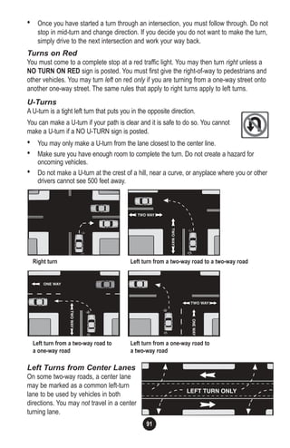 91
• Once you have started a turn through an intersection, you must follow through. Do not
stop in mid-turn and change direction. If you decide you do not want to make the turn,
simply drive to the next intersection and work your way back.
Turns on Red
You must come to a complete stop at a red traffic light. You may then turn right unless a
NO TURN ON RED sign is posted. You must first give the right-of-way to pedestrians and
other vehicles. You may turn left on red only if you are turning from a one-way street onto
another one-way street. The same rules that apply to right turns apply to left turns.
U-Turns
A U-turn is a tight left turn that puts you in the opposite direction.
You can make a U-turn if your path is clear and it is safe to do so. You cannot
make a U-turn if a NO U-TURN sign is posted.
• You may only make a U-turn from the lane closest to the center line.
• Make sure you have enough room to complete the turn. Do not create a hazard for
oncoming vehicles.
• Do not make a U-turn at the crest of a hill, near a curve, or anyplace where you or other
drivers cannot see 500 feet away.
Left Turns from Center Lanes
On some two-way roads, a center lane
may be marked as a common left-turn
lane to be used by vehicles in both
directions. You may not travel in a center
turning lane.
Right turn Left turn from a two-way road to a two-way road
Left turn from a two-way road to
a one-way road
Left turn from a one-way road to
a two-way road
 