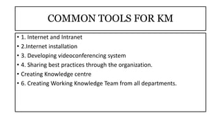 COMMON TOOLS FOR KM
• 1. Internet and Intranet
• 2.Internet installation
• 3. Developing videoconferencing system
• 4. Sharing best practices through the organization.
• Creating Knowledge centre
• 6. Creating Working Knowledge Team from all departments.
 