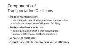 Components of
Transportation Decisions
• Mode of transportation:
• air, truck, rail, ship, pipeline, electronic transportation
• vary in cost, speed, size of shipment, flexibility
• Route and network selection
• route: path along which a product is shipped
• network: collection of locations and routes
• In-house or outsource
• Overall trade-off: Responsiveness versus efficiency
 
