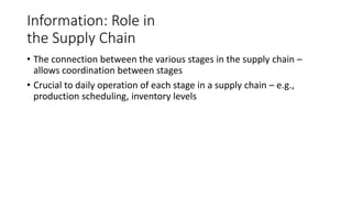 Information: Role in
the Supply Chain
• The connection between the various stages in the supply chain –
allows coordination between stages
• Crucial to daily operation of each stage in a supply chain – e.g.,
production scheduling, inventory levels
 