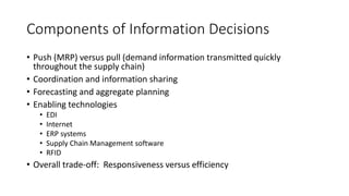 Components of Information Decisions
• Push (MRP) versus pull (demand information transmitted quickly
throughout the supply chain)
• Coordination and information sharing
• Forecasting and aggregate planning
• Enabling technologies
• EDI
• Internet
• ERP systems
• Supply Chain Management software
• RFID
• Overall trade-off: Responsiveness versus efficiency
 